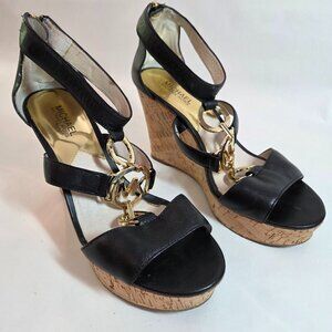 Michael Kors Black Open Toe Cork Wedge Strappy Sandals Size 9